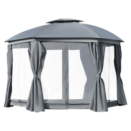 image-144x144 Inch Round Outdoor Gazebo, Patio Dome Gazebo Canopy Shelter with Double Roof, Netting Sidewalls and Curtains, Zippered Doors Grey AS