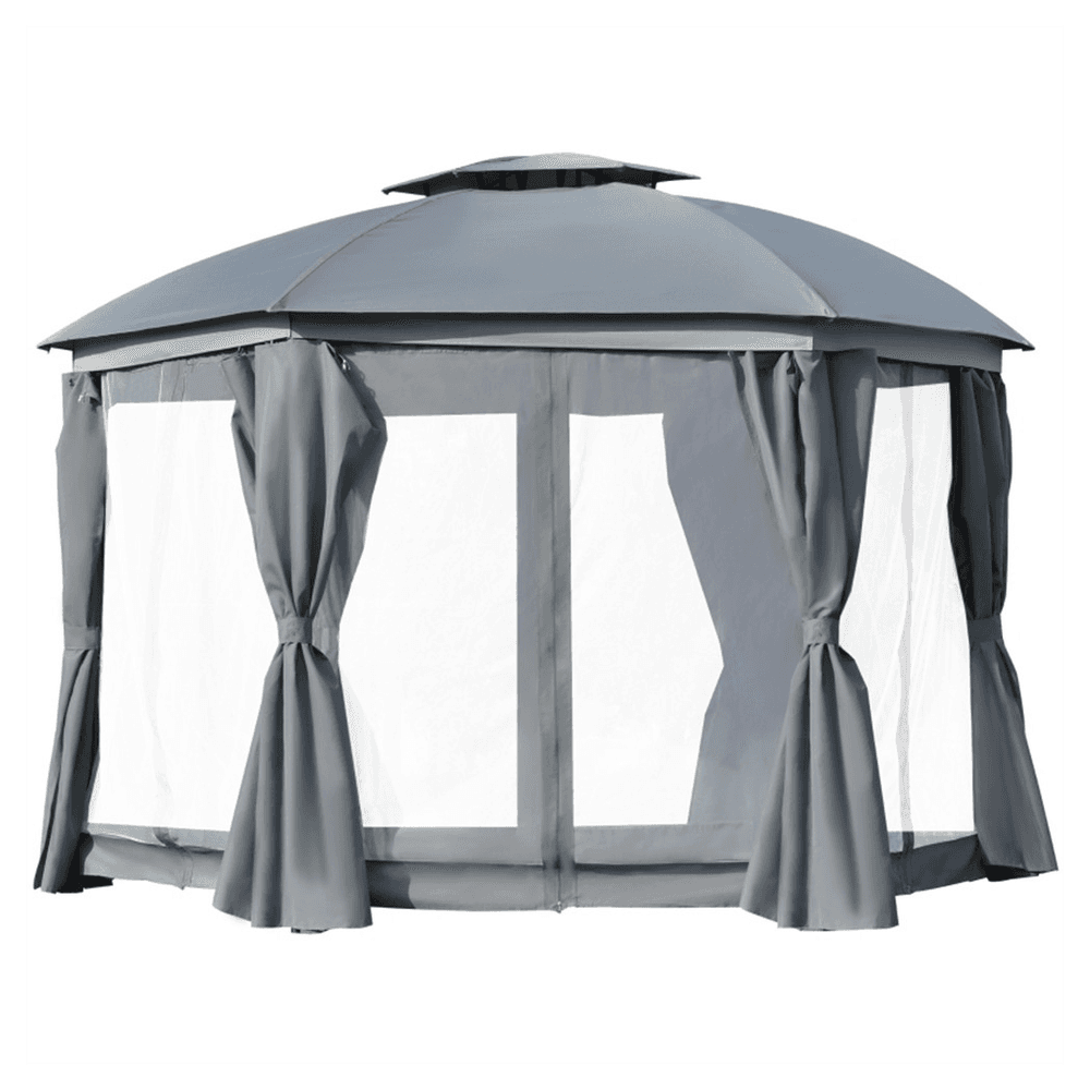 image-144x144 Inch Round Outdoor Gazebo, Patio Dome Gazebo Canopy Shelter with Double Roof, Netting Sidewalls and Curtains, Zippered Doors Grey AS