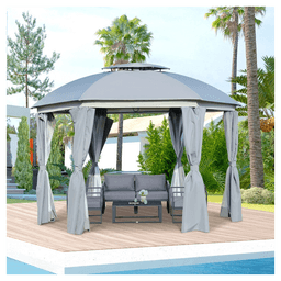 image-144x144 Inch Round Outdoor Gazebo, Patio Dome Gazebo Canopy Shelter with Double Roof, Netting Sidewalls and Curtains, Zippered Doors Grey AS