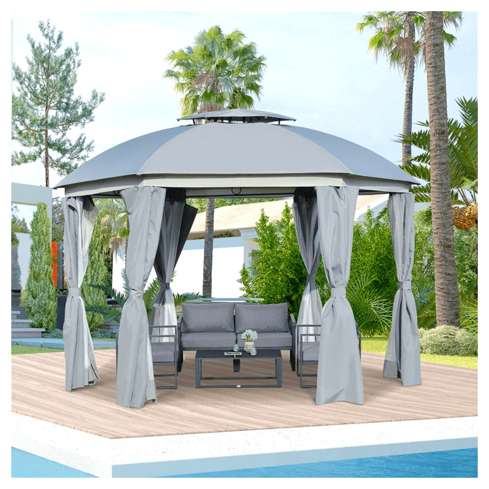 image-144x144 Inch Round Outdoor Gazebo, Patio Dome Gazebo Canopy Shelter with Double Roof, Netting Sidewalls and Curtains, Zippered Doors Grey AS