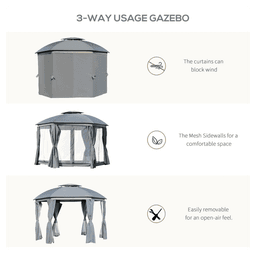 image-144x144 Inch Round Outdoor Gazebo, Patio Dome Gazebo Canopy Shelter with Double Roof, Netting Sidewalls and Curtains, Zippered Doors Grey AS