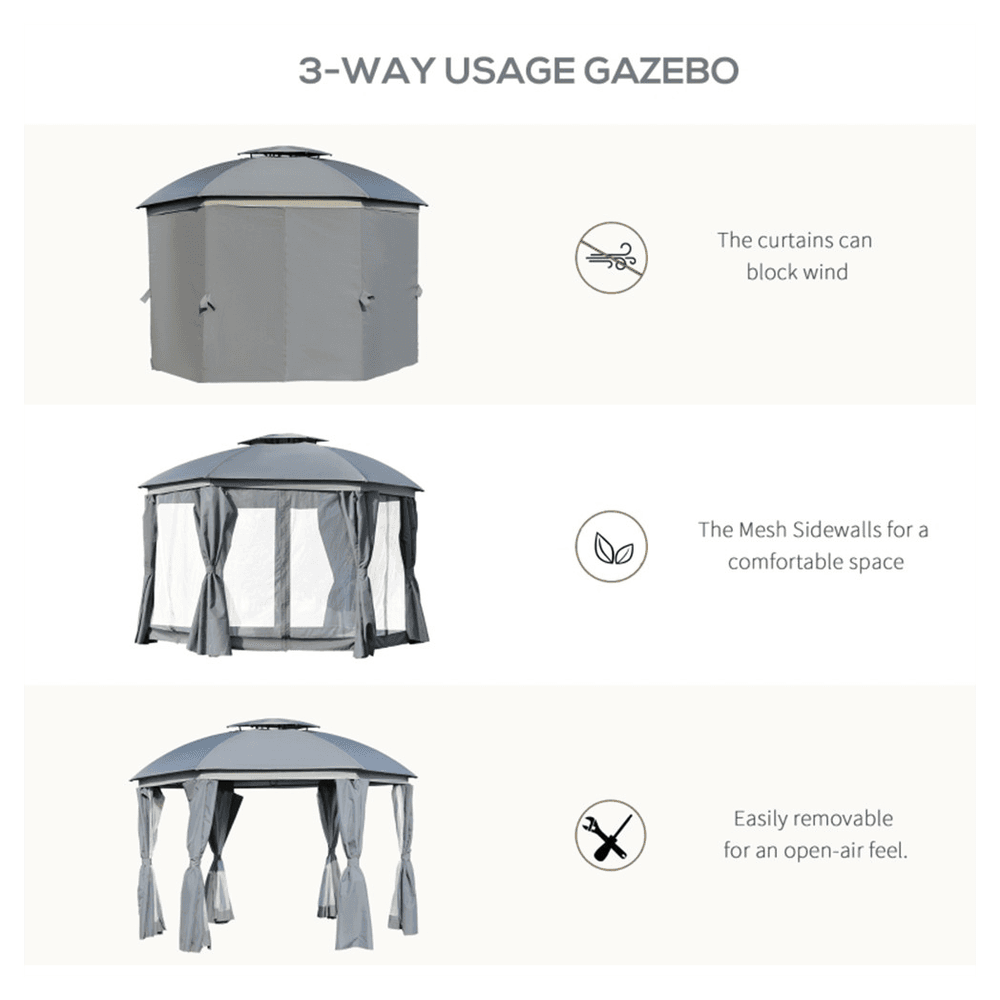 image-144x144 Inch Round Outdoor Gazebo, Patio Dome Gazebo Canopy Shelter with Double Roof, Netting Sidewalls and Curtains, Zippered Doors Grey AS