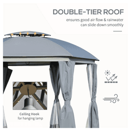 image-144x144 Inch Round Outdoor Gazebo, Patio Dome Gazebo Canopy Shelter with Double Roof, Netting Sidewalls and Curtains, Zippered Doors Grey AS