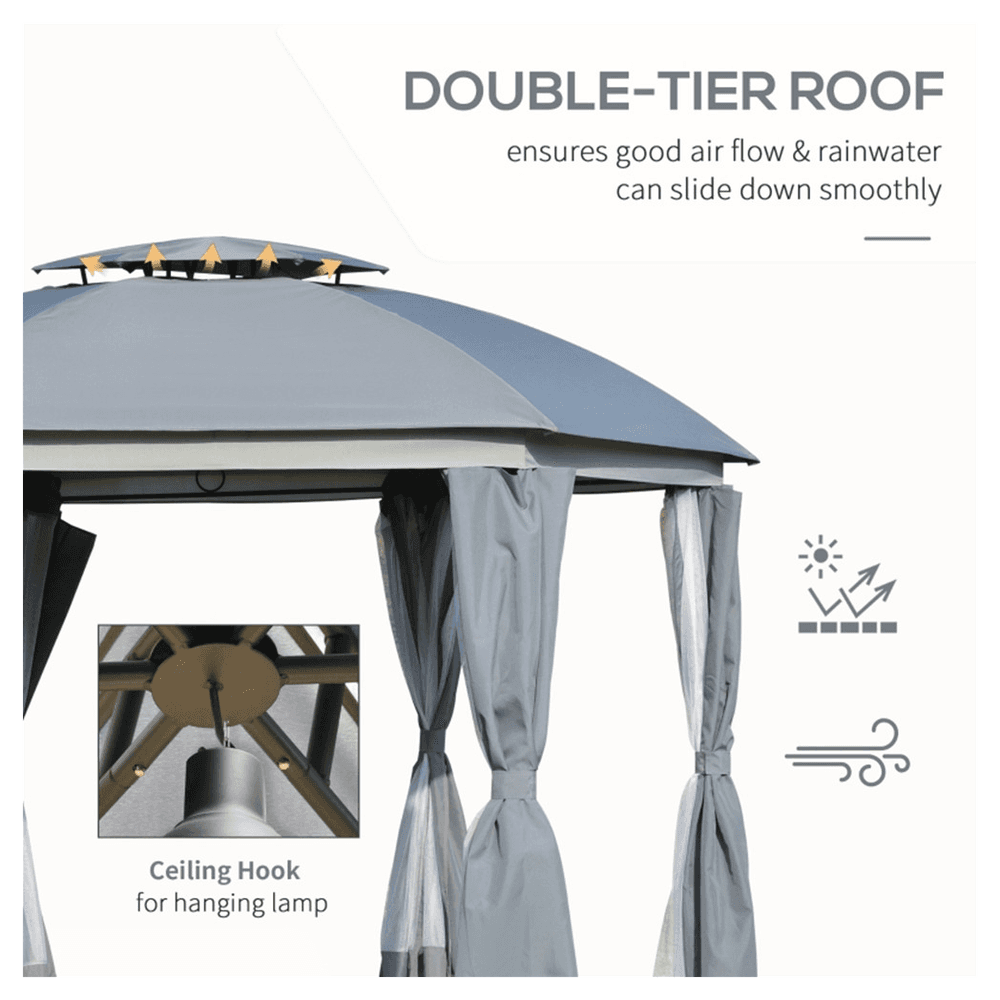 image-144x144 Inch Round Outdoor Gazebo, Patio Dome Gazebo Canopy Shelter with Double Roof, Netting Sidewalls and Curtains, Zippered Doors Grey AS