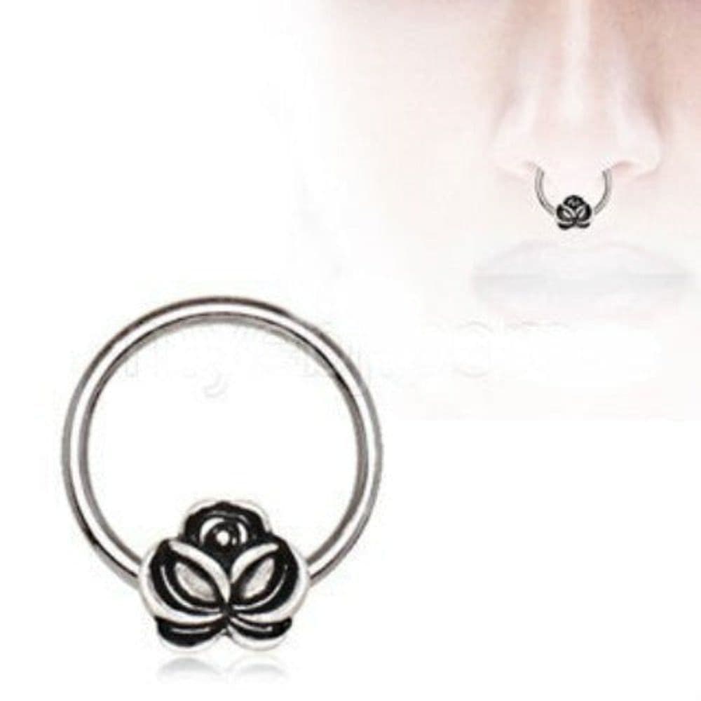 image-316L Stainless Steel Captive Bead Ring with Antique Gold Plated Flower