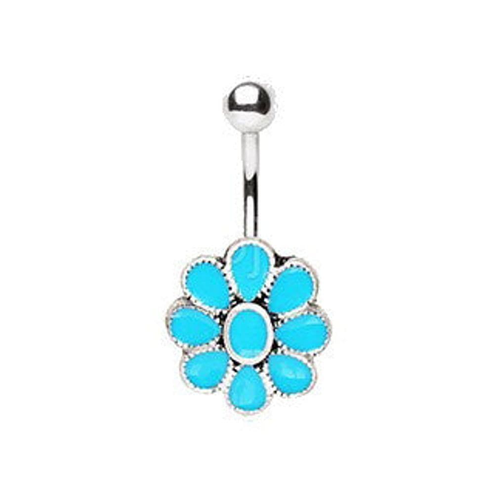 image-316L Stainless Steel Teal Blue Flower Navel Ring