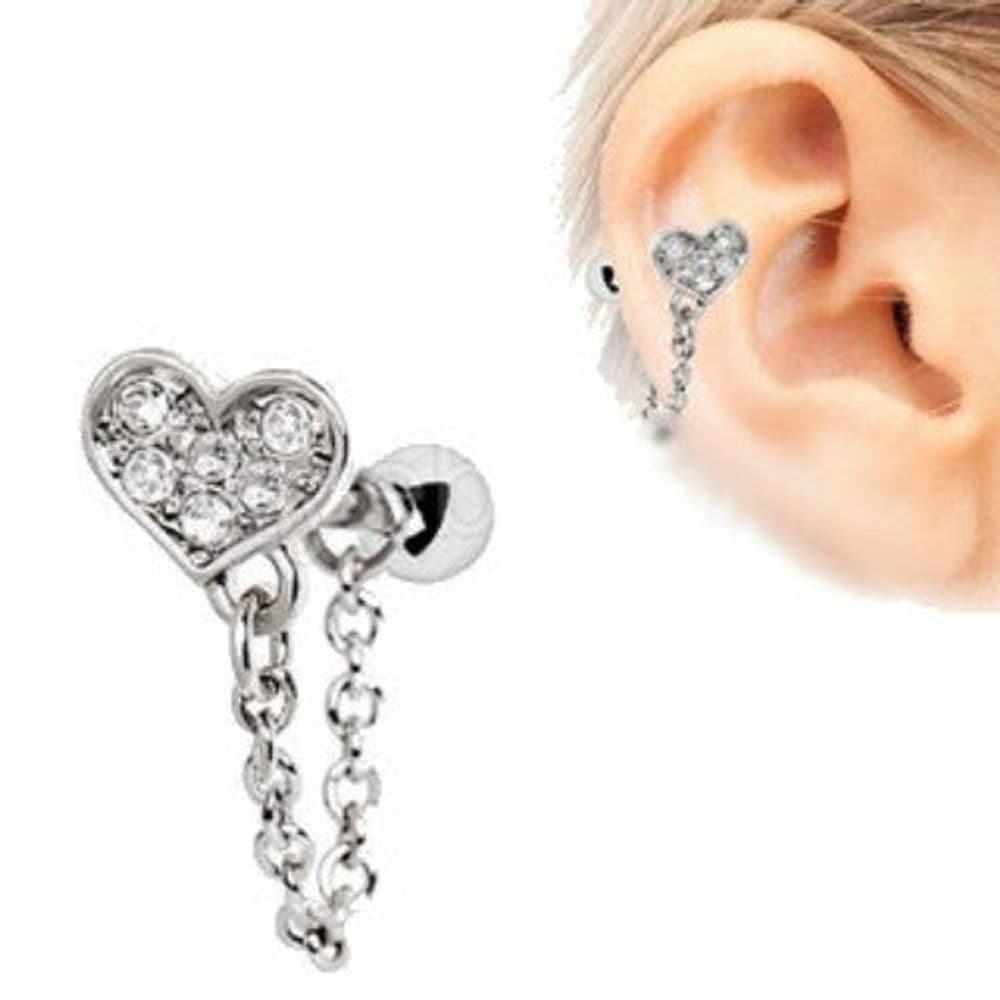 image-316L Stainless Steel Clear CZ Heart Chain Wrap Cartilage Earring