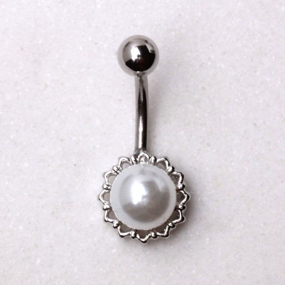 image-316L Stainless Steel White Faux Pearl Navel Ring