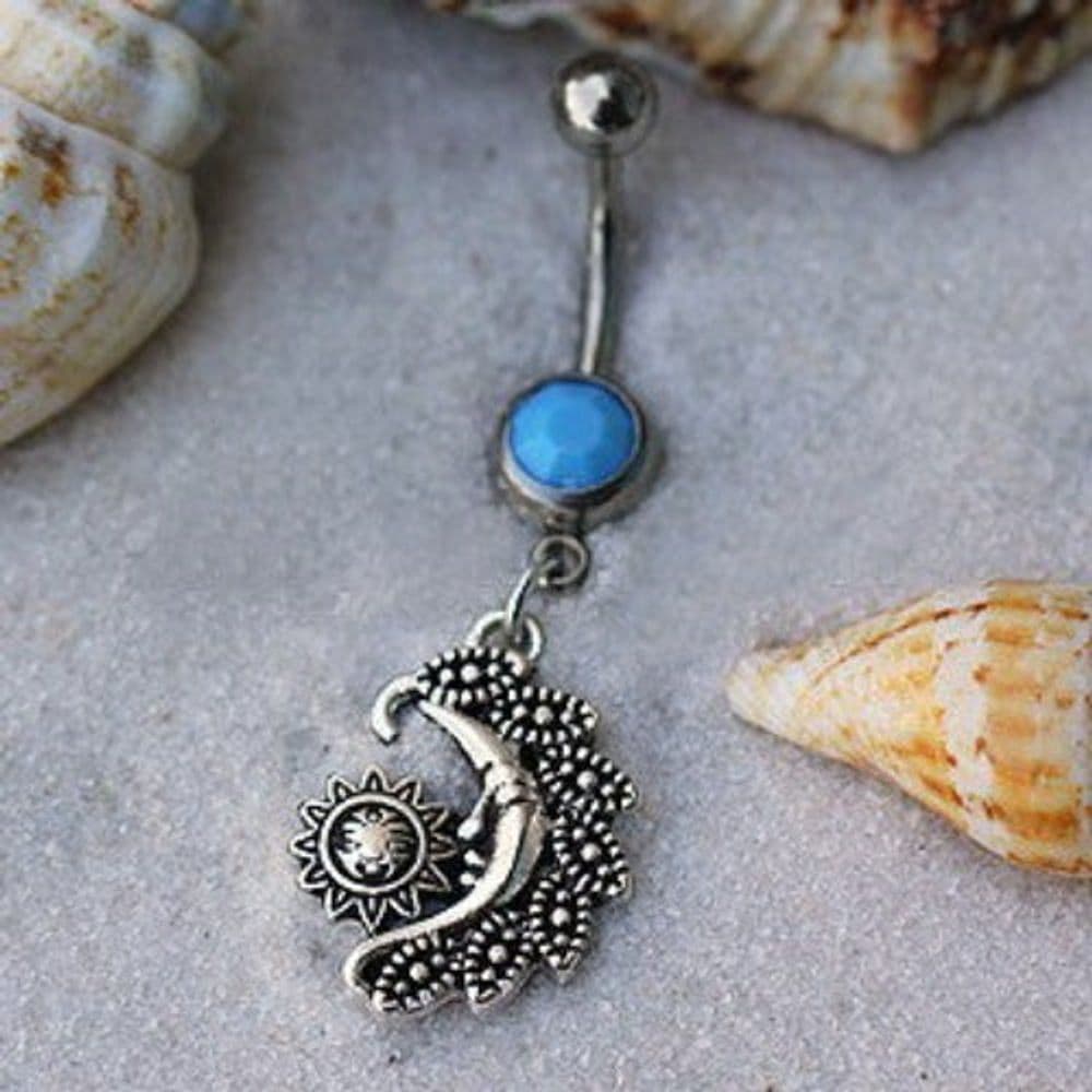 image-316L Elegant Sun and Moon Navel Ring with Turquoise