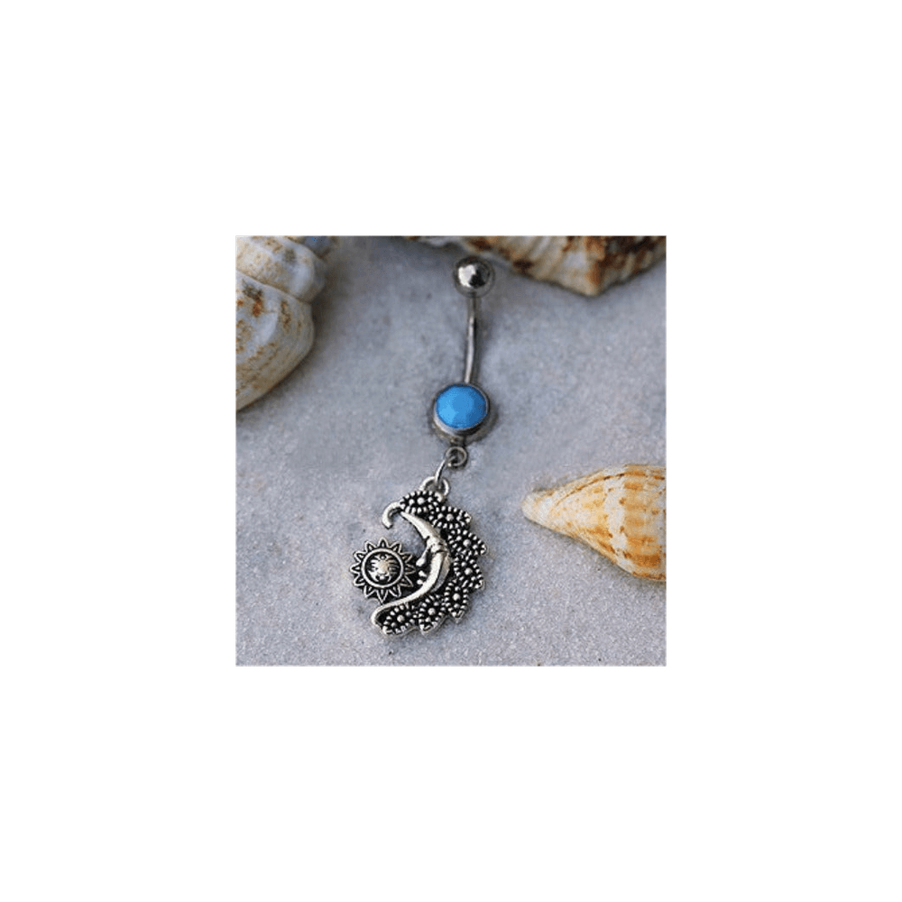 image-316L Elegant Sun and Moon Navel Ring with Turquoise