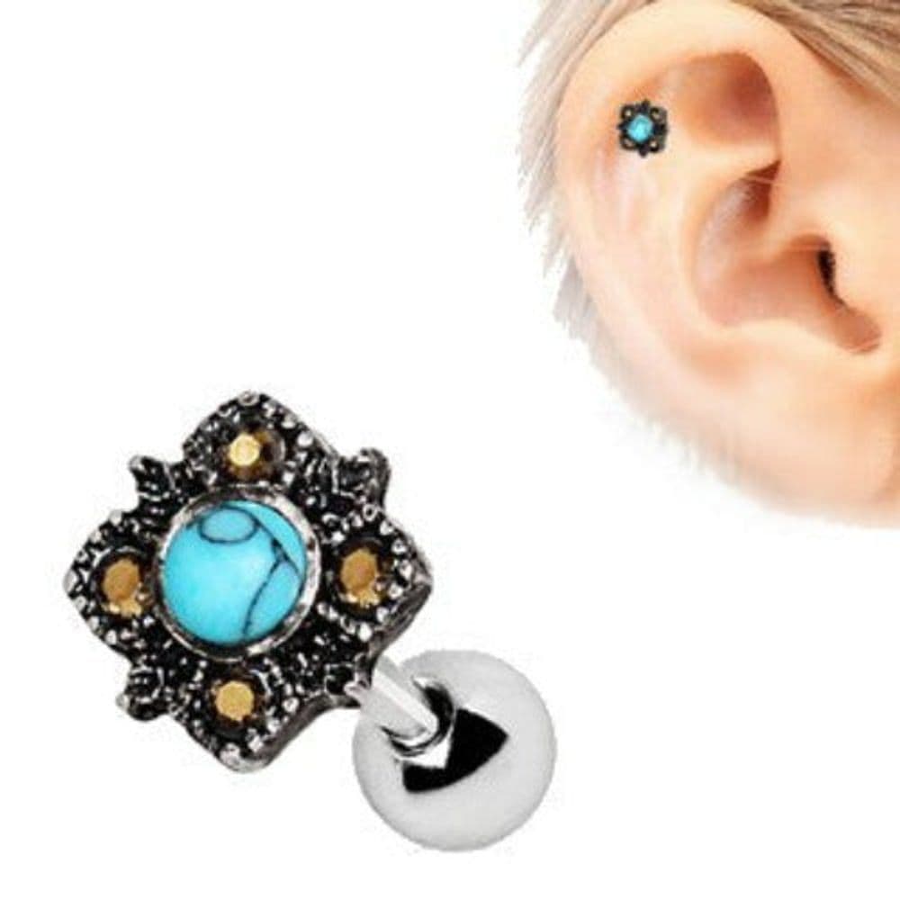 image-316L Stainless Steel Square Filigree Cartilage Earring with Turquoise