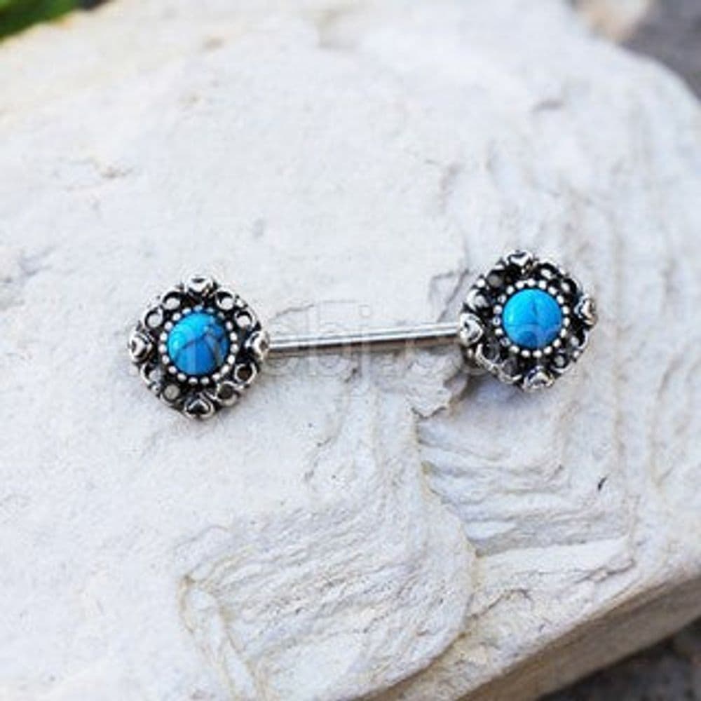 image-316L Stainless Steel Vintage Charm Nipple Bar with Turquoise Stone
