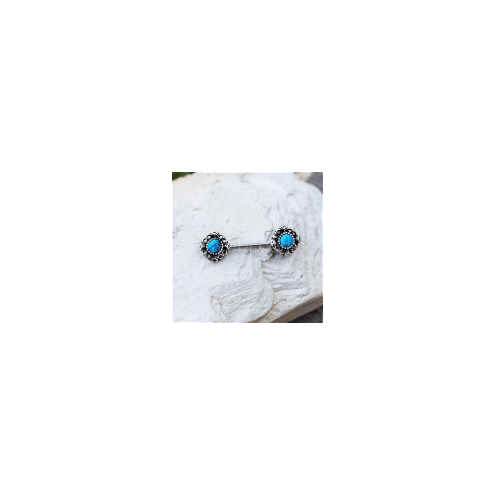 image-316L Stainless Steel Vintage Charm Nipple Bar with Turquoise Stone