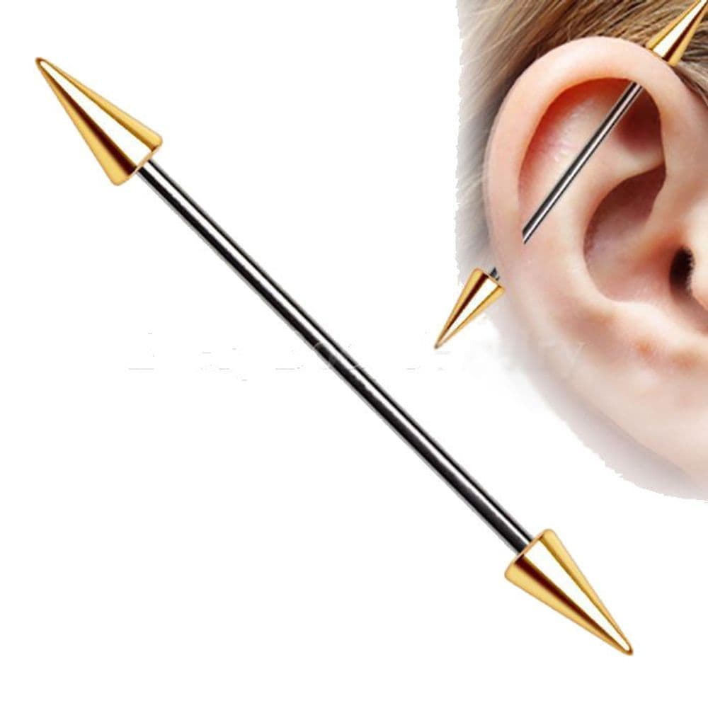 image-316L Stainless Steel Gold Plated Spike Industrial Barbell