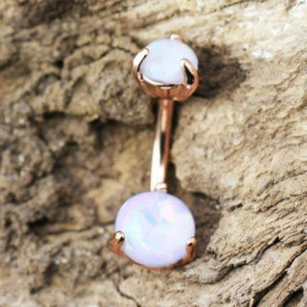 image-Rose Gold Navel Ring with Prong Set White Synthetic Opal