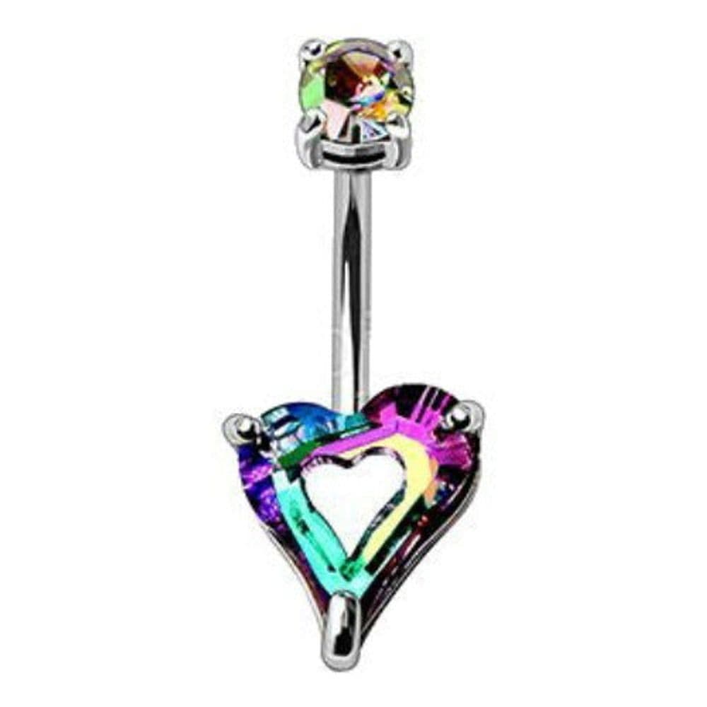 image-316L Stainless Steel Rainbow Hollow Heart CZ Navel Ring