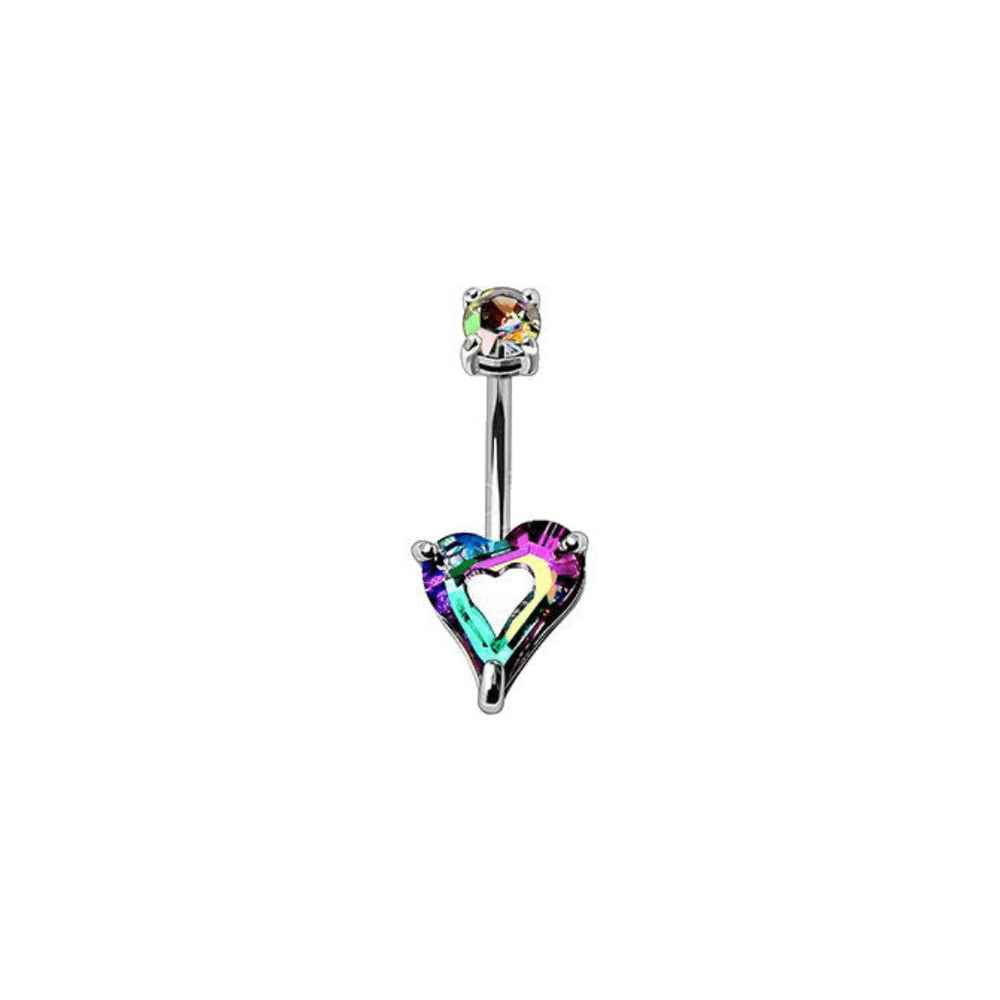 image-316L Stainless Steel Rainbow Hollow Heart CZ Navel Ring