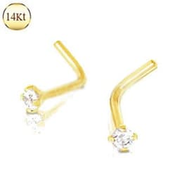 image-14Kt Yellow Gold Prong Set Clear CZ L Bend Nose Ring