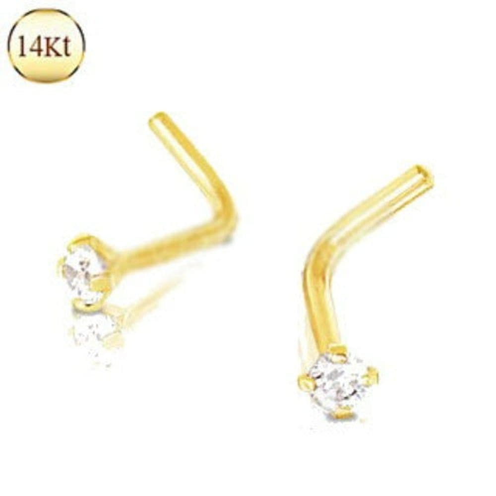 image-14Kt Yellow Gold Prong Set Clear CZ L Bend Nose Ring