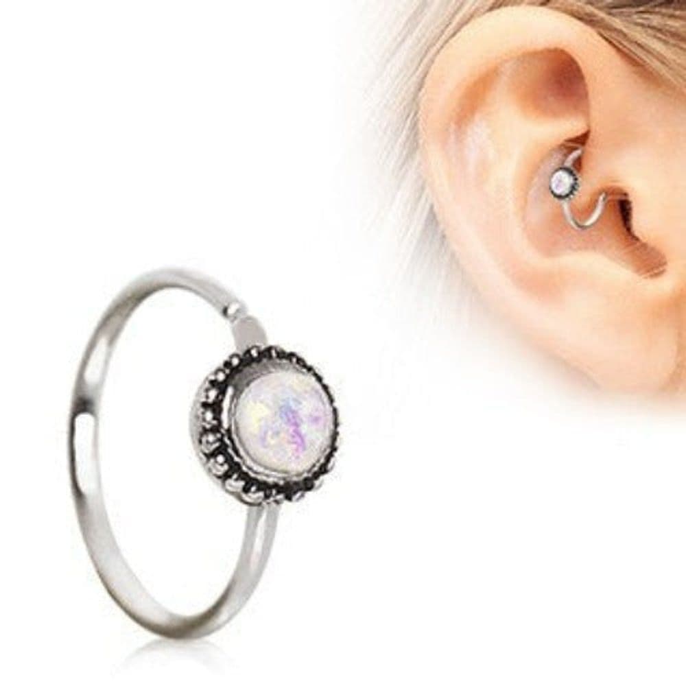 image-316L Stainless Steel White Synthetic Opal Ornate Cartilage Hoop Earring