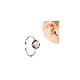 image-316L Stainless Steel White Synthetic Opal Ornate Cartilage Hoop Earring