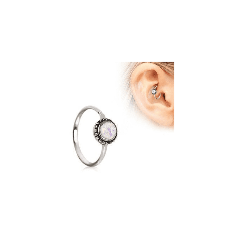 image-316L Stainless Steel White Synthetic Opal Ornate Cartilage Hoop Earring