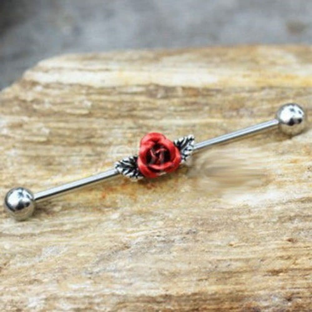 image-316L Stainless Steel Red Rose Industrial Barbell