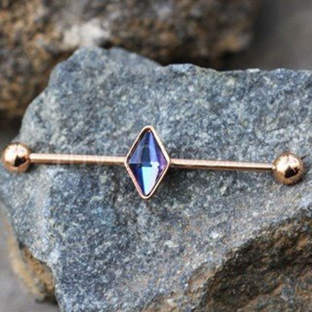 image-Rose Gold Plated Rhombus Shape CZ Industrial Barbell