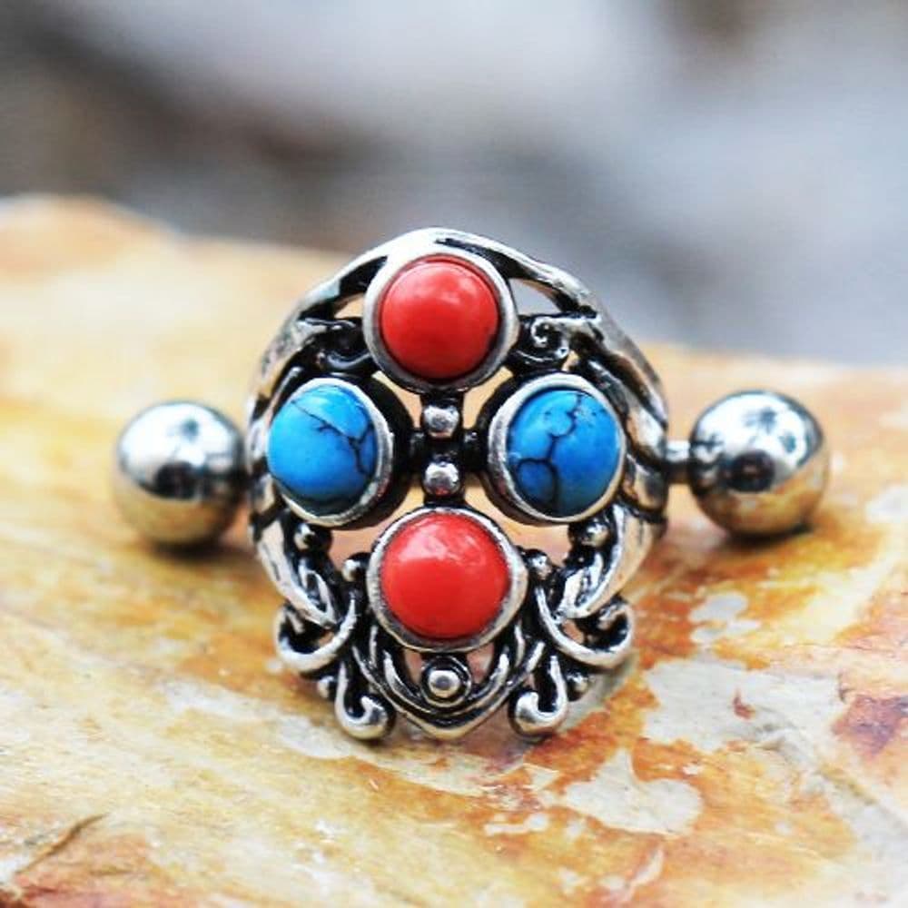 image-316L Stainless Steel Turquoise & Coral Cartilage Cuff Earring