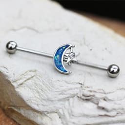 image-316L Stainless Steel Synthetic Opal Moon and Star Industrial Barbell
