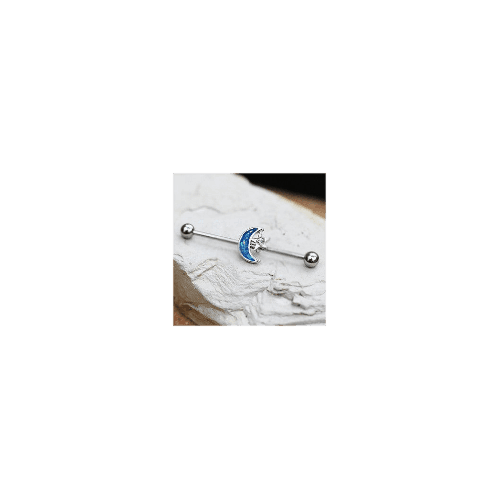 image-316L Stainless Steel Synthetic Opal Moon and Star Industrial Barbell
