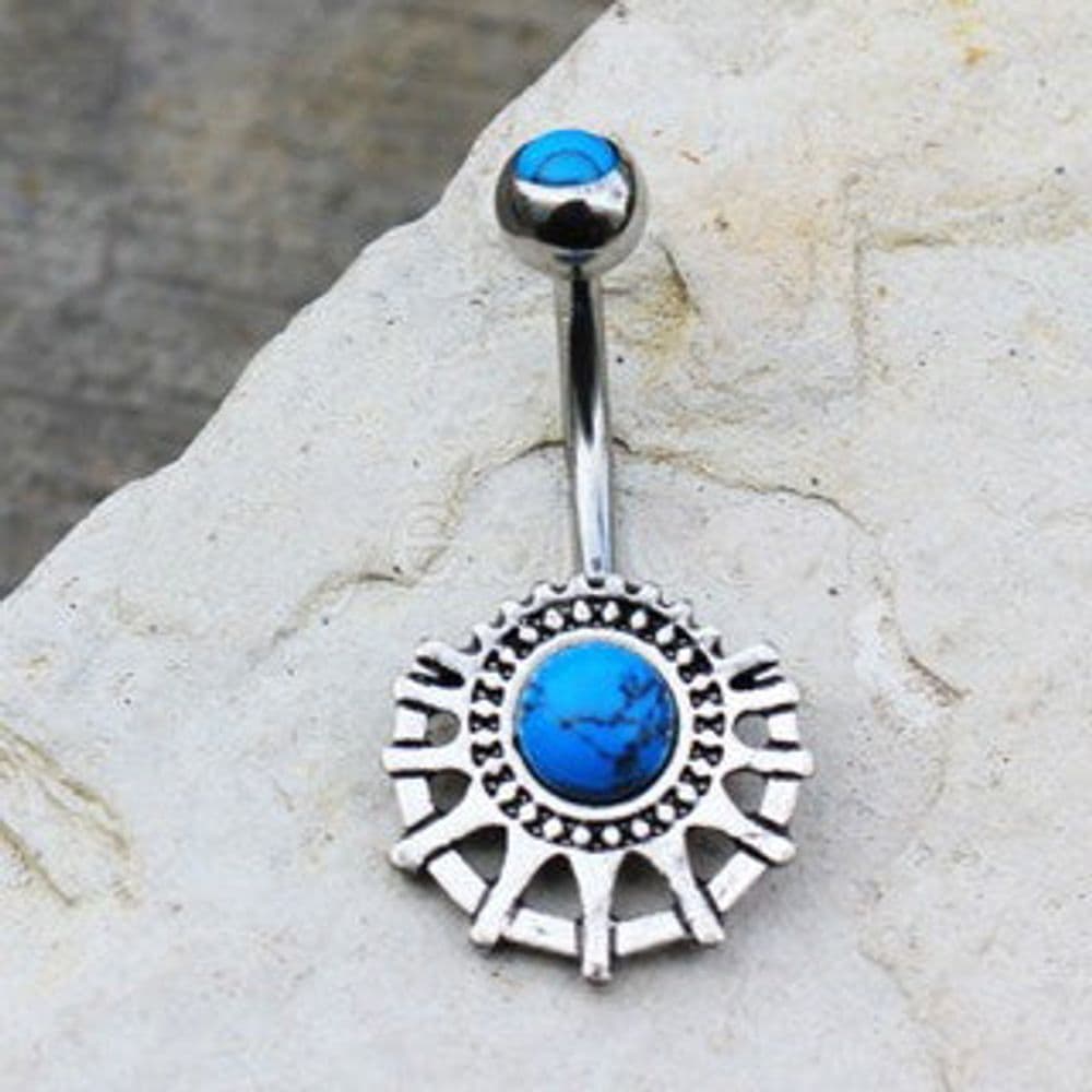 image-316L Stainless Steel Ornate Turquoise Navel Ring