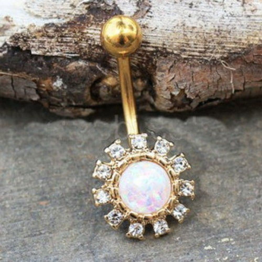 image-Gold Plated Dazzling Sun with Synthetic Opal Navel Ring