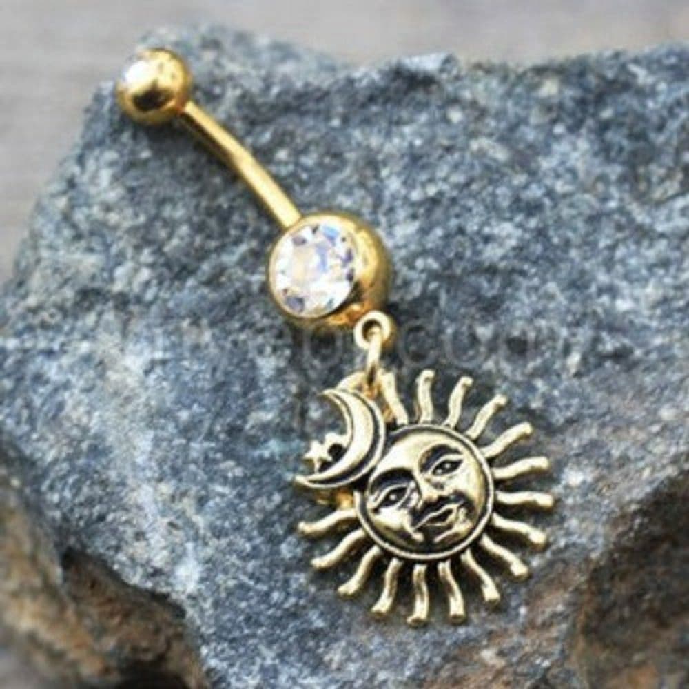 image-Gold Sun Moon Star Dangle Navel Ring