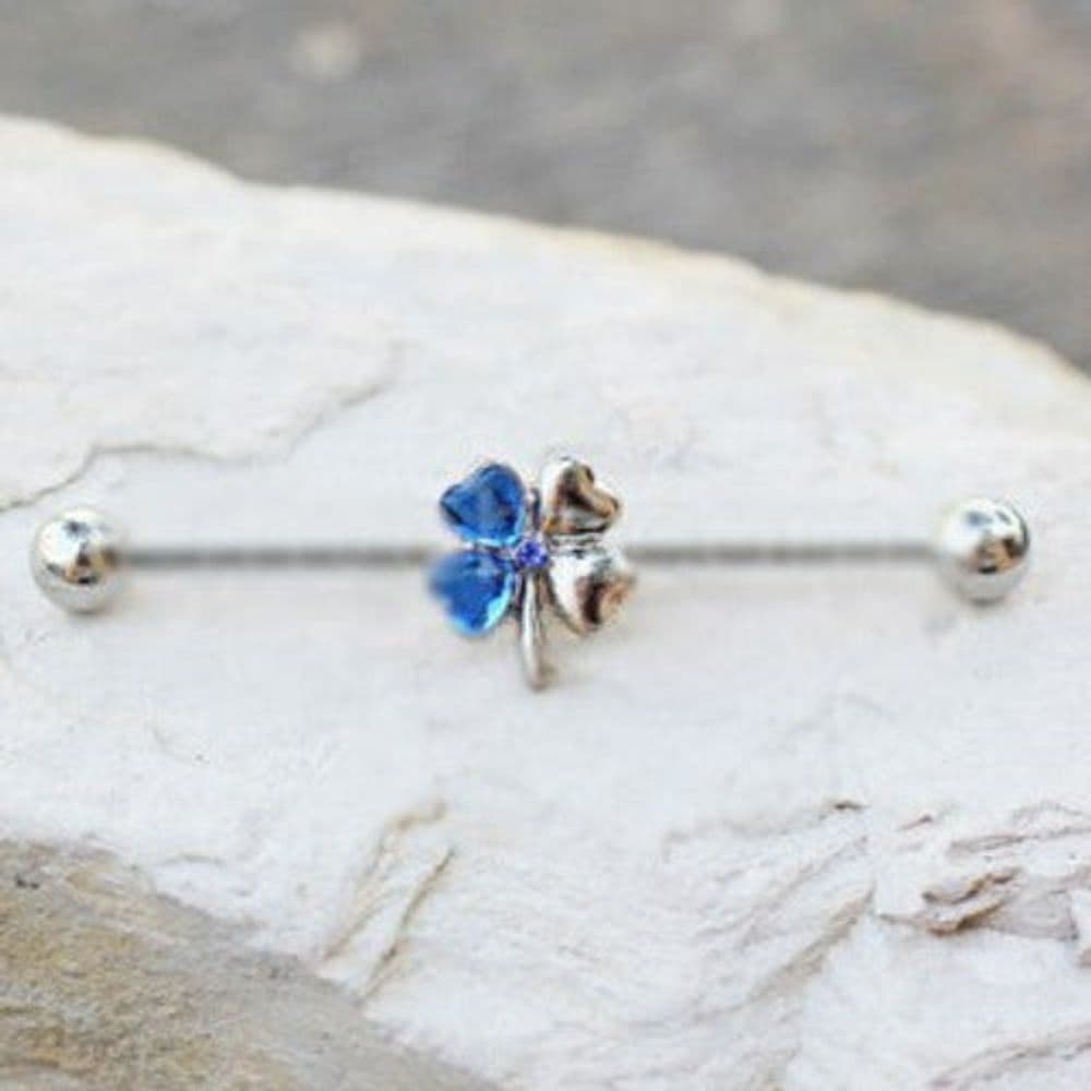 image-316L Stainless Steel Blue Clover Leaf Industrial Barbell