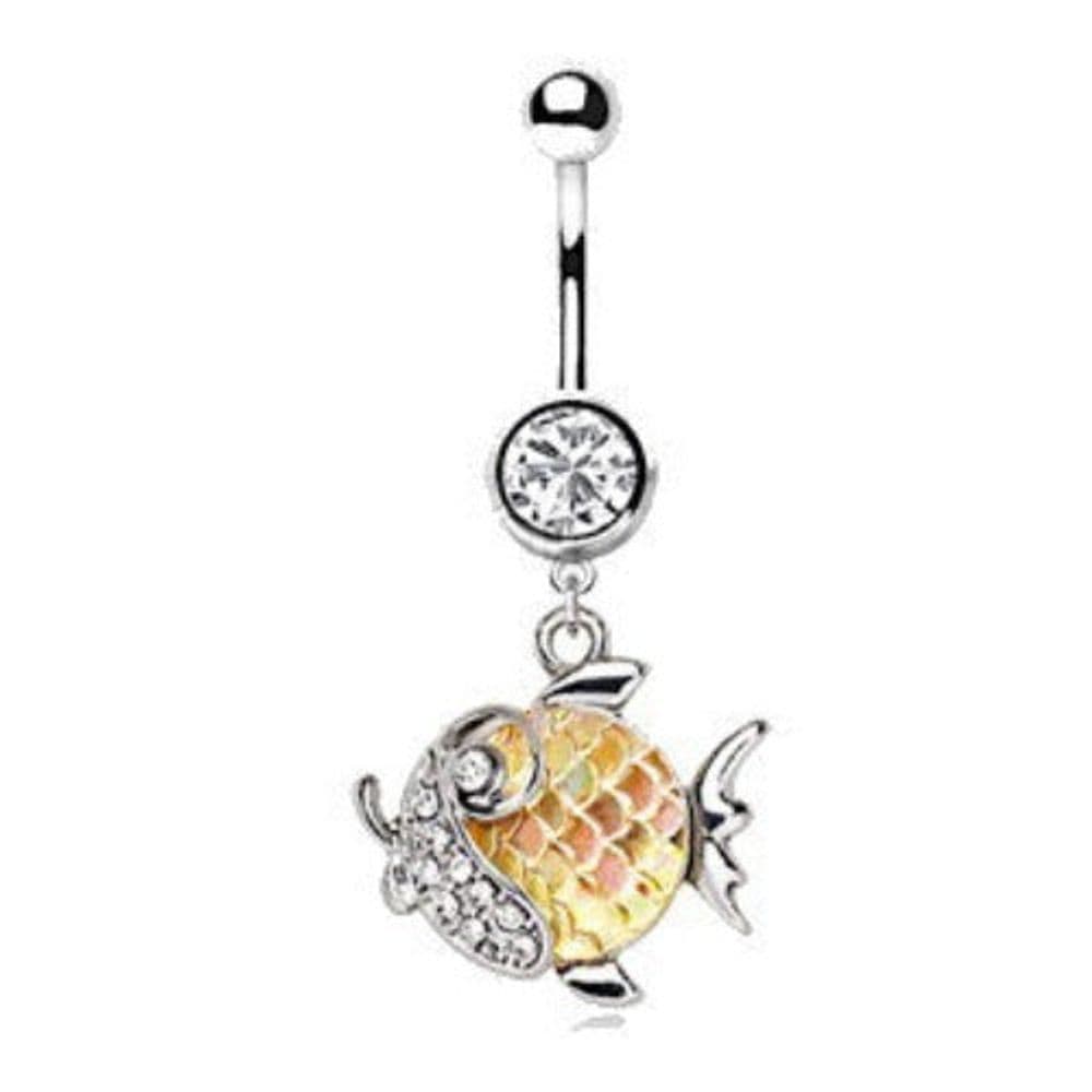 image-316L Stainless Steel Jeweled Gold Fish Dangle Navel Ring