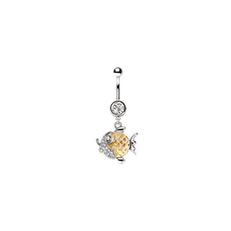 image-316L Stainless Steel Jeweled Gold Fish Dangle Navel Ring