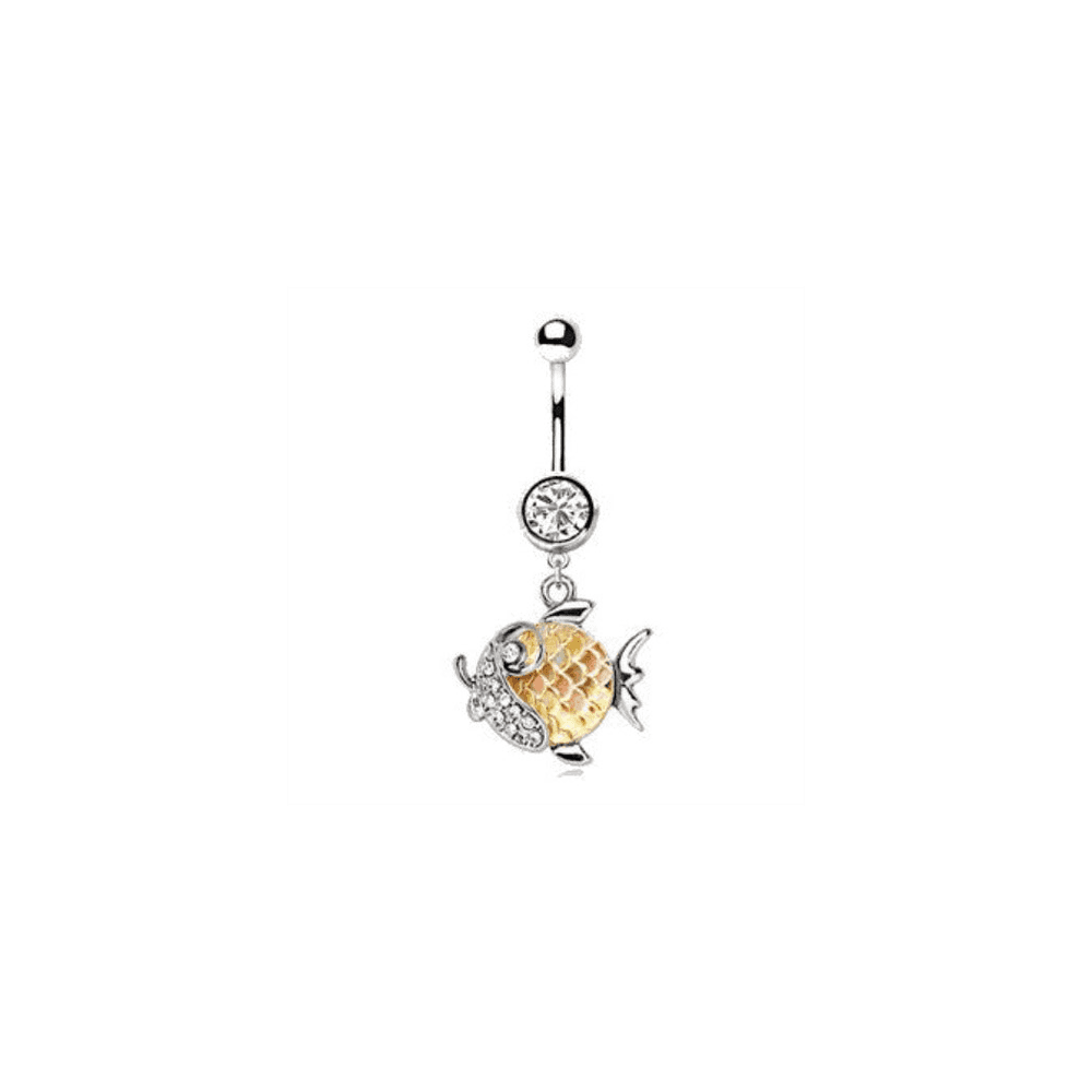 image-316L Stainless Steel Jeweled Gold Fish Dangle Navel Ring