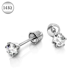image-Pair of 14Kt. White Gold Round CZ Earring with Screw Back