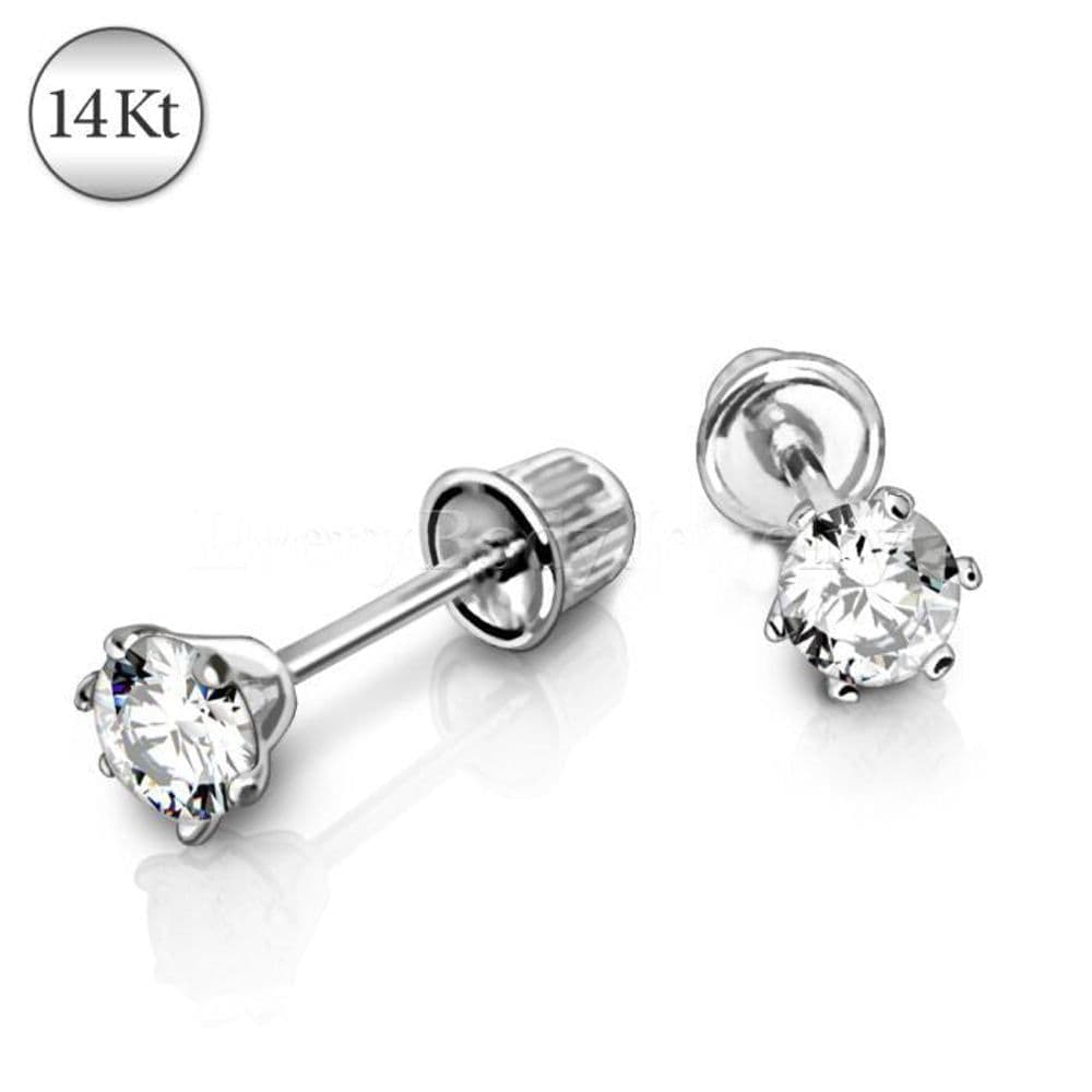 image-Pair of 14Kt. White Gold Round CZ Earring with Screw Back