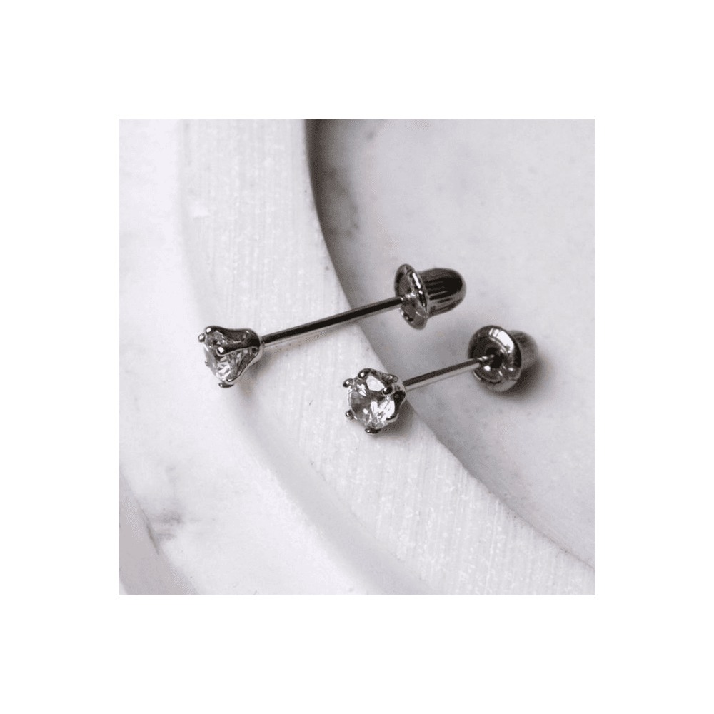 image-Pair of 14Kt. White Gold Round CZ Earring with Screw Back