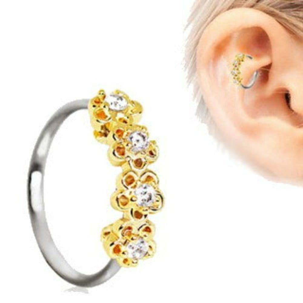 image-316L Stainless Steel Golden Flowers Seamless Circular Ring / Daith Cartilage Earring
