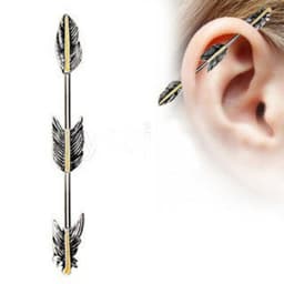 image-316L Stainless Steel Industrial Barbell with Golden Triple Tier Feathers
