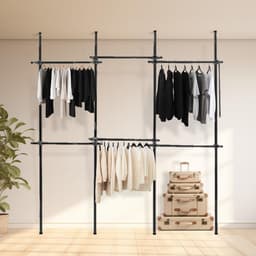 image-Triple Telescopic Black Wardrobe Organiser Hanging Rail Clothes Rack Adjustable Storage Shelving