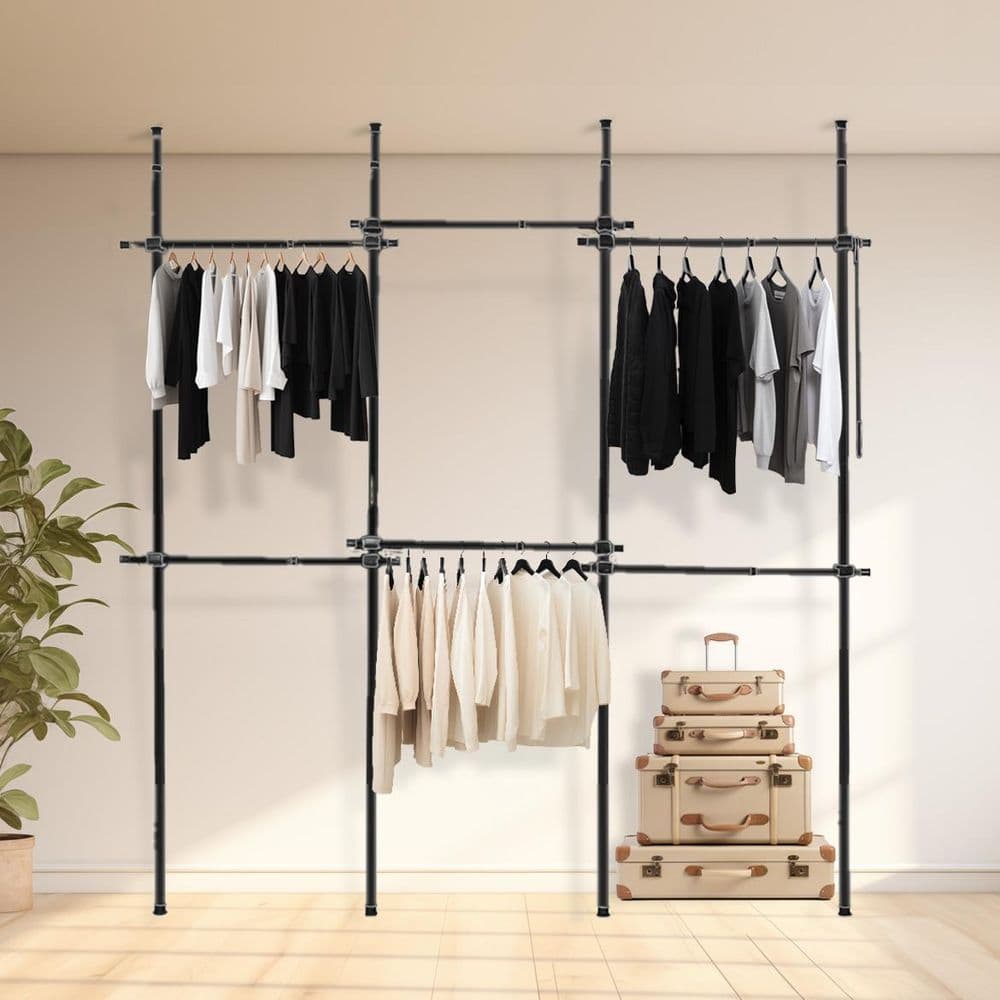 image-Triple Telescopic Black Wardrobe Organiser Hanging Rail Clothes Rack Adjustable Storage Shelving