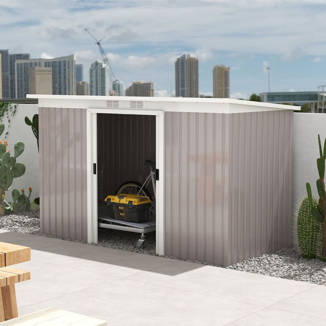 image-Garden Storage Shed Store Metal Roof Building Tool Box Container Light Grey
