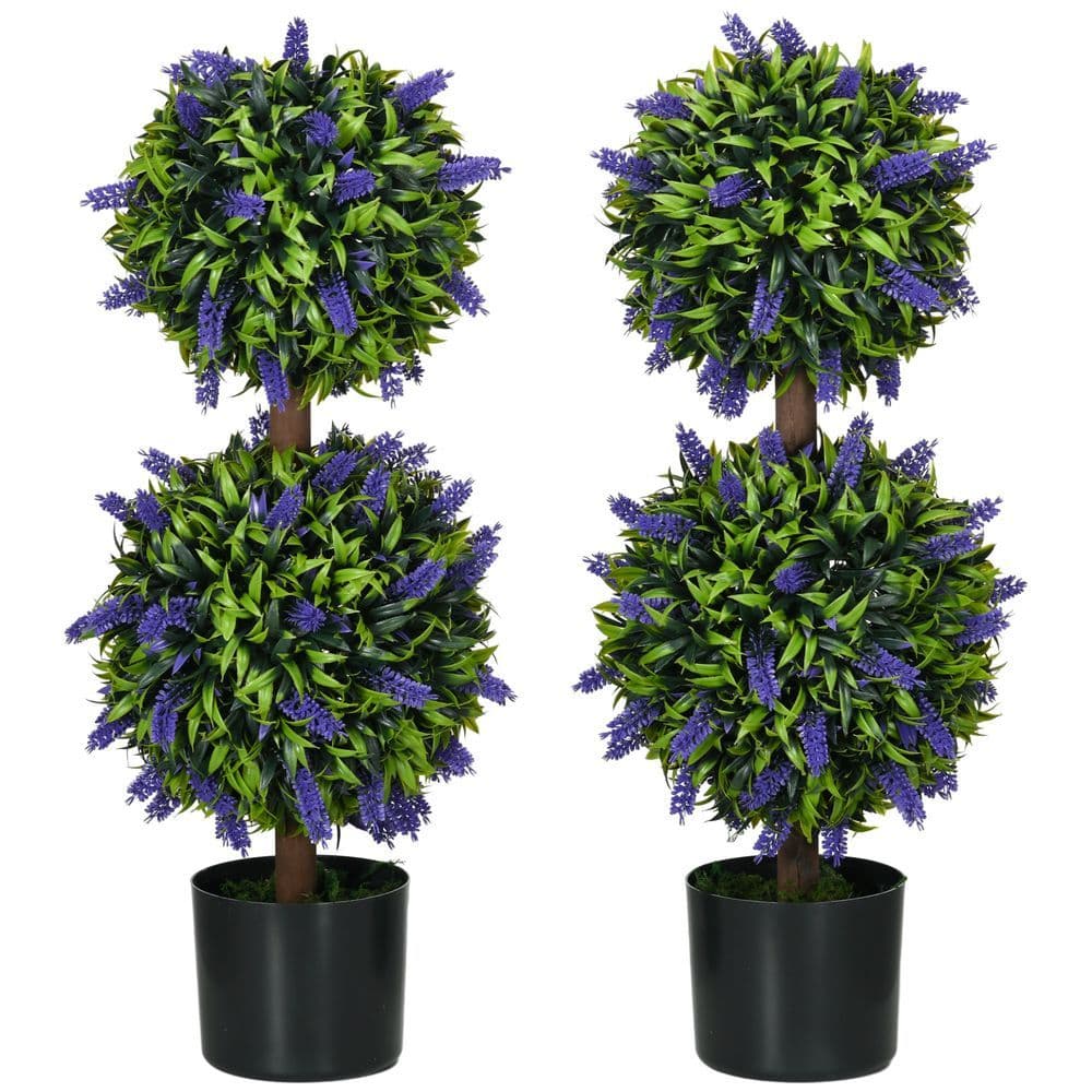 image-HOMCOM Set of 2 Potted Artificial Plants Ball Tree with Lavender Flowers, 70cm