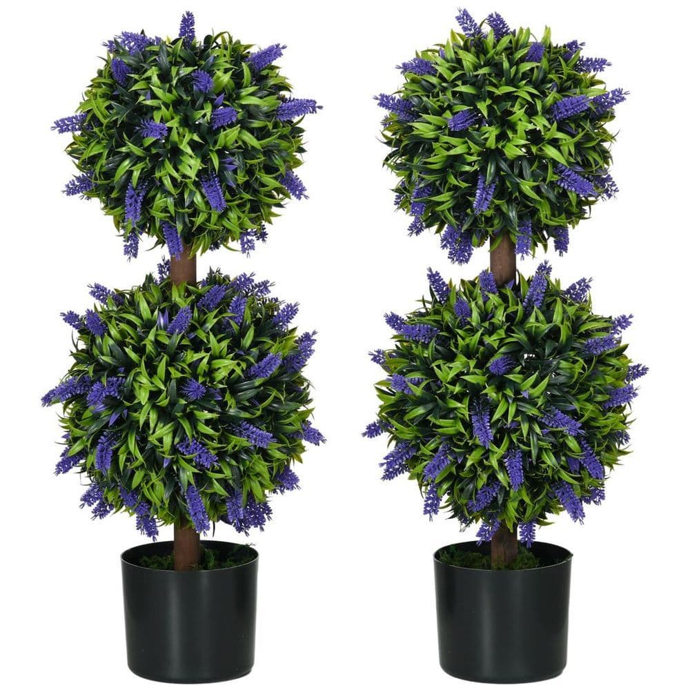 image-HOMCOM Set of 2 Potted Artificial Plants Ball Tree with Lavender Flowers, 70cm