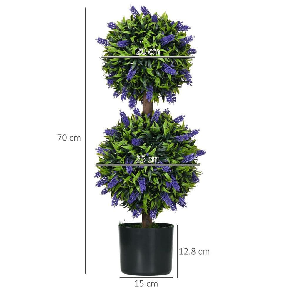 image-HOMCOM Set of 2 Potted Artificial Plants Ball Tree with Lavender Flowers, 70cm