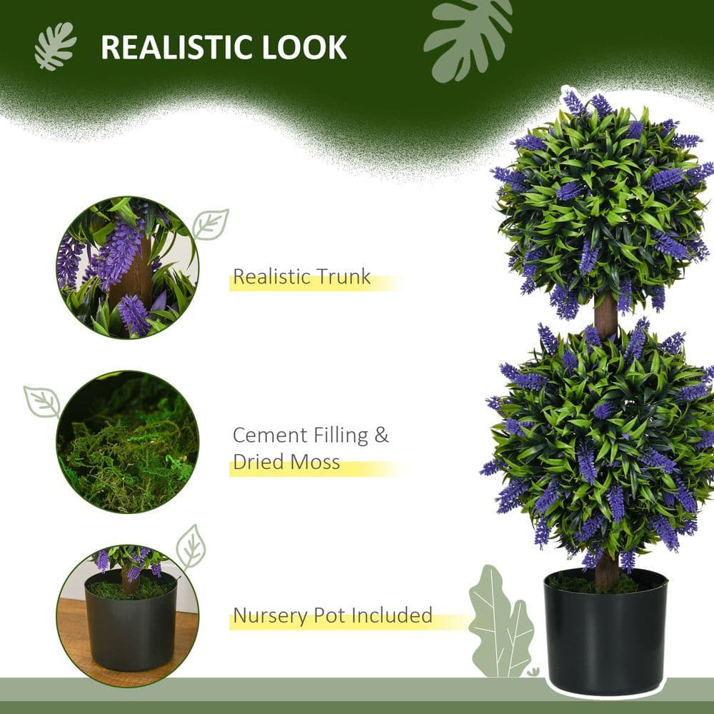image-HOMCOM Set of 2 Potted Artificial Plants Ball Tree with Lavender Flowers, 70cm